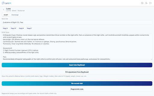 LyraVet for DaySmart :: AI medical scribe for DaySmart Vet — record visits, generate SOAP notes & discharge summaries, and insert them into DaySmart.