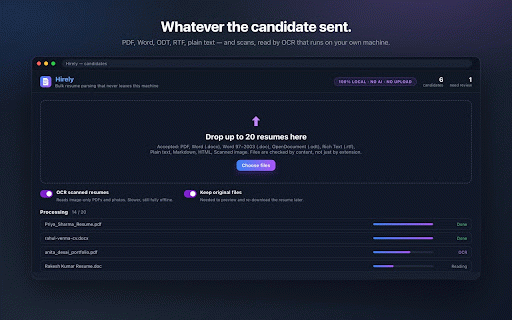 Hirely — bulk resume parser :: Drop up to 20 resumes, get a searchable candidate table you can export to CSV. Runs entirely on your machine. No AI, no upload.