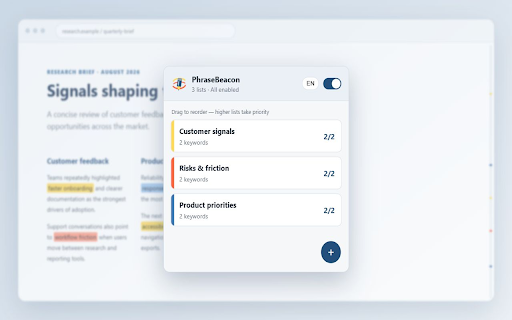 PhraseBeacon — Keyword Highlighter :: Highlight keywords on webpages with custom colors, multiple lists, CSV import, match counts, and navigation—all processed locally.