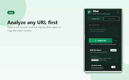 Flint :: Remove tracking parameters from URLs before sharing.