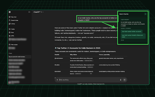 ChatGPT Search Query Extractor :: See the web searches ChatGPT runs: queries and results grouped by prompt. Click to copy, expand results, export to Markdown/CSV.