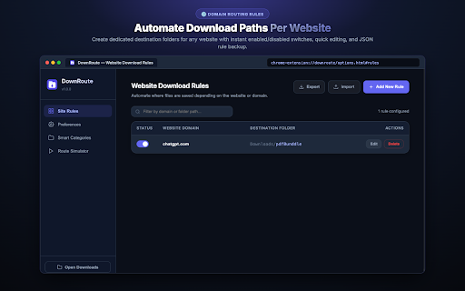 DownRoute - Download Folder & File Organizer :: Organize Chrome downloads automatically. Route files into custom subfolders by website, page URL path, or file extension.