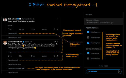 X-Filter :: Filter your X.com (Twitter) feed. Customize navigation. Filter posts and media content. Analyze profile performance metrics.