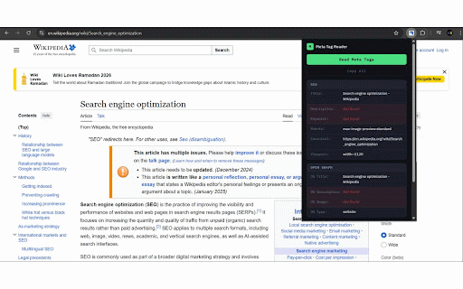 Meta Tag Reader :: Reads SEO meta tags from any webpage — includes Open Graph, Twitter Card, canonical, robots, and more.
