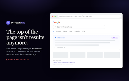 Web Results Only :: Force the classic Web tab on Google search. Appends Google's own udm=14 parameter to Google search URLs.