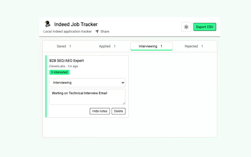 Indeed Job Tracker :: Indeed published dates, interested counts, Copy JD, and local application tracking.