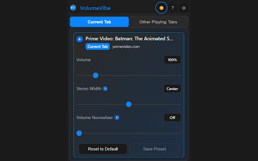 VolumeVibe :: Per-tab audio enhancement with volume boost, stereo control, and normalization. 100% private - all processing happens locally.