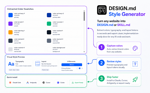 DESIGN.md Style Generator - Tokens for Claude, Antigravity, Cursor & Codex :: Extract CSS variables, typography, and layout into clean DESIGN.md files for Claude Code, Antigravity, Cursor, and Codex.