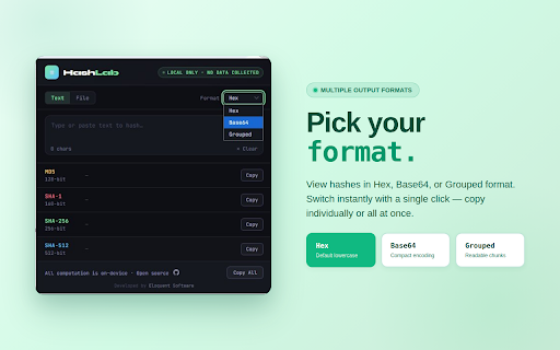 HashLab — Hash Calculator :: Calculate MD5, SHA-1, SHA-256, SHA-512 hashes instantly. 100% local — no data collected, no servers.