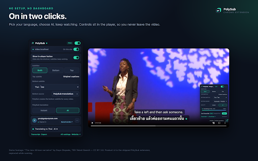 PolySub — AI Video Subtitle Translator :: Dual subtitles with Instant and managed AI translation, free themes, transcripts, and live transcription.