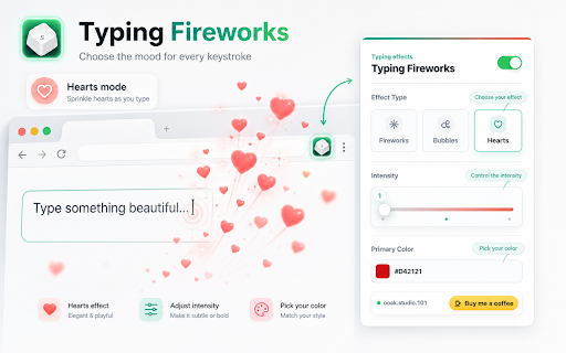 Typing Fireworks :: Typing effects for web pages, with fireworks, bubbles, and hearts.