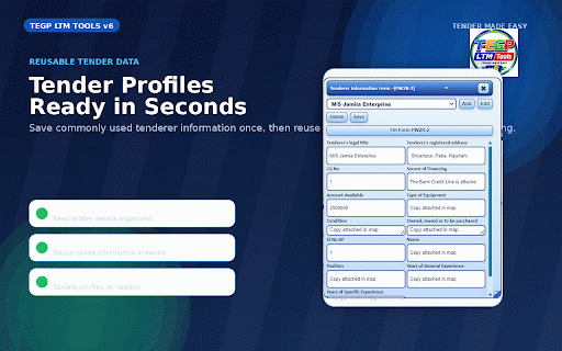 TEGP LTM Tools :: TEGP LTM Tools v6.2: fast e-GP LTM autofill, GRID, Smart Resume, mapping, Inbox batch, profiles and recovery tools.