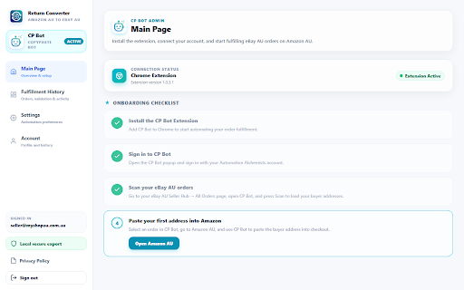 CP Bot by Automation Alchemists :: Copy eBay AU buyer addresses into Amazon AU checkout/address forms. Manual place-order only.