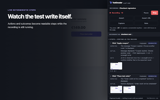 TestDossier — capture browser tests :: Record a browser journey and get a complete, review-ready test case with evidence in TestDossier.