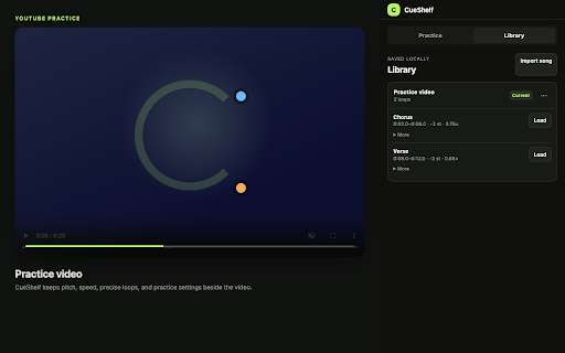 CueShelf: Pitch, Speed & Loop Practice :: Change pitch and speed, loop hard passages, and save complete practice setups for YouTube.