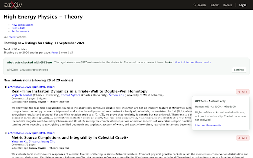 Abstract Lens :: Human, AI, and Mixed estimates for arXiv abstracts. Powered by GPTZero. Abstracts only; no API key needed.