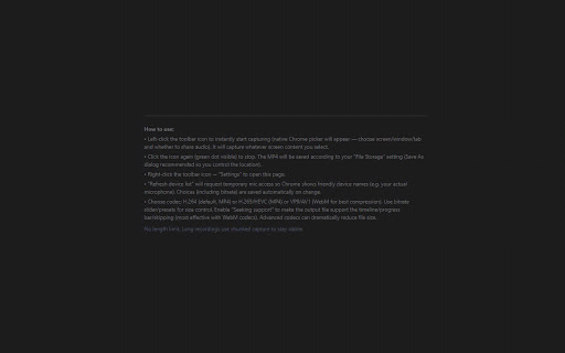 Fast Screen Recorder :: Fast Screen Recorder: one-click screen + audio (mic+system). H.264 default + H.265/HEVC, VP9, AV1. Seeking support. 100% local.