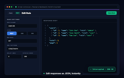 MockPro - API & Stream Mocker :: Professional API mocking for REST, SSE, and WebSocket. Intercept, mock, and debug network requests with ease.
