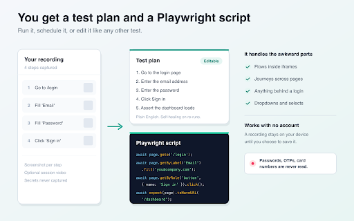 Test-Lab.ai :: Record browser flows into test plans + Playwright scripts, and run Test-Lab.ai tests against localhost, staging or VPN-only URLs.