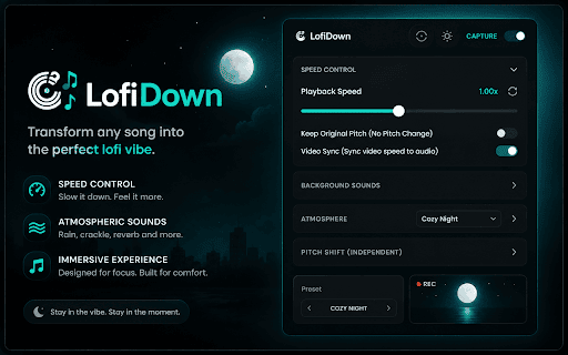 LofiDown : Slow Down & Speed Up :: Slow down & speed up any song with lofi spring reverb, pitch shift, vinyl crackle & rain. Real-time audio FX for YouTube & music.