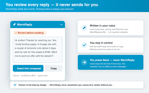 WarmReply — reply assistant for freelancers :: Check Upwork job fit, then draft & refine proposals and Fiverr replies. You review and send — it never sends on its own.
