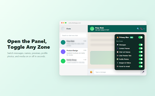 Privacy Blur for WhatsApp Web — Hide Chats & Messages :: Hide & blur WhatsApp Web messages, contacts & photos Screen share safely. Hover to peek.
