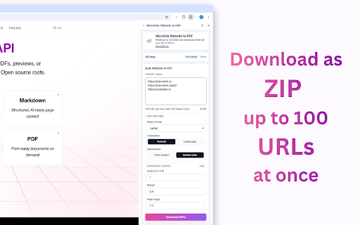 Microlink: Website to PDF :: Convert websites to PDF in bulk — paste up to 100 links and download them all as a ZIP, powered by Microlink.