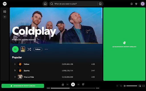 Spotify Adblock :: Listen to Spotify in your browser with fewer ad interruptions. Works on Spotify's website and embedded players.