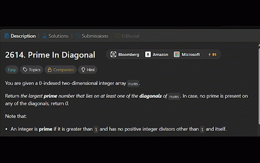 LeetCode Company Tag Viewer :: Displays problem difficulty, company tags, and frequency on LeetCode problem pages.