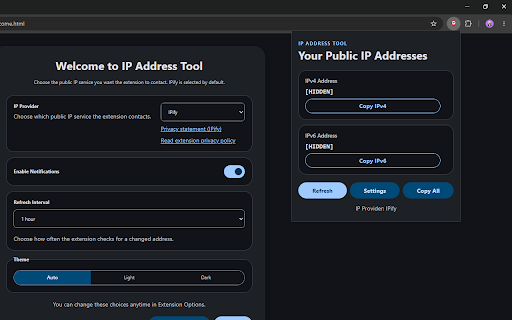 IP Address Tool :: Displays your public IPv4 and IPv6 addresses with provider choice, notifications, and dark mode.