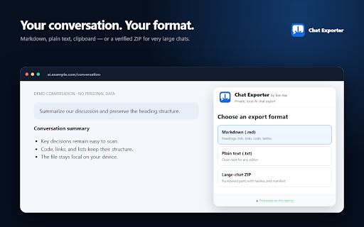 Chat Exporter by Tom Raz :: Export AI chats to Markdown or text locally, with full-chat verification and safe ZIPs for long conversations.