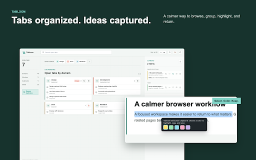 Tabloom | Tab Organizer :: Organize tabs by website, manage multi-window tabs, remove duplicates, save pages, and capture selected text with highlights.