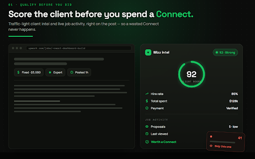 Upwork Wizz :: Qualify Upwork jobs before you spend Connects. Client scoring, job shortlists, proposal drafts—you preview every send.