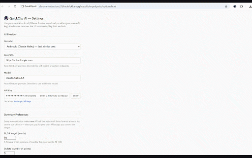 QuickClip AI :: One-click AI summaries of any page. Works with Ollama (free, local) or any cloud provider using your encrypted API key.