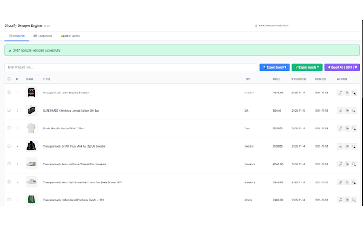 Shopify Scraper Engine :: Export Shopify products, collections & best sellers to CSV/Excel. Free: 100 products. PRO: Unlimited for $3.99/month!