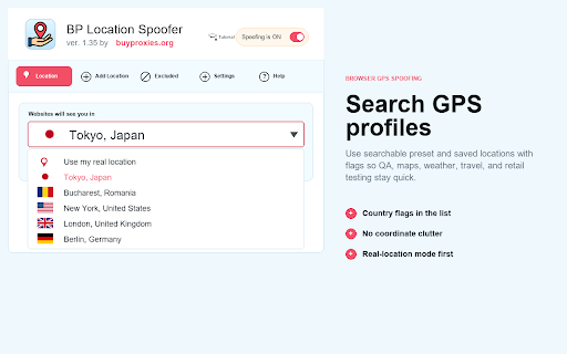BP Location Spoofer :: Spoof GPS location in Chrome, set custom coordinates, save city presets, and exclude sites that need real location.