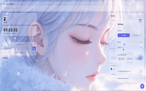 FrostTab :: Glass new tab dashboard with live wallpapers, modular widgets, and a premium frosted-glass UI.