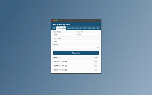 SARS Testing Tools :: Generate valid South African tax reference numbers for testing — SA ID, Income Tax, Company Reg, PAYE, UIF, SDL.