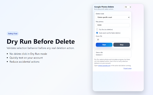 Delete All Google Photos - Bulk Tool :: Delete all Google Photos in bulk with safe dry run, stop control, and auto zoom-out.