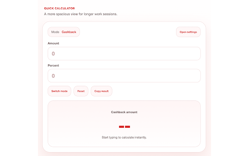 Percentage Cashback Calculator :: Quick cashback and percentage calculations with a compact popup, large view, and simple settings.