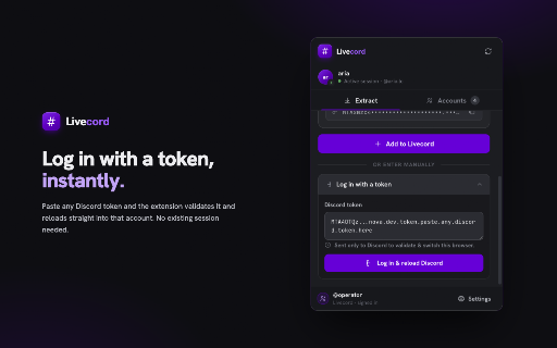 Discord Token Login & Extractor :: Get your Discord token from your logged-in session, or paste a token to log in instantly. Save, switch, and manage accounts.