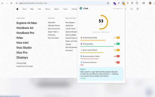 Cited - AI & AEO Optimization Score :: Score any product page 0-100 on AEO readiness. See what ChatGPT, Perplexity & Claude look for before recommending you.