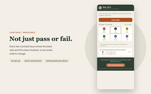 Squarespace Accessibility Checker: WCAG & ADA by Kat ADA :: Free accessibility checker for Squarespace and any web page. Find WCAG and ADA issues: alt text, color contrast, form labels.