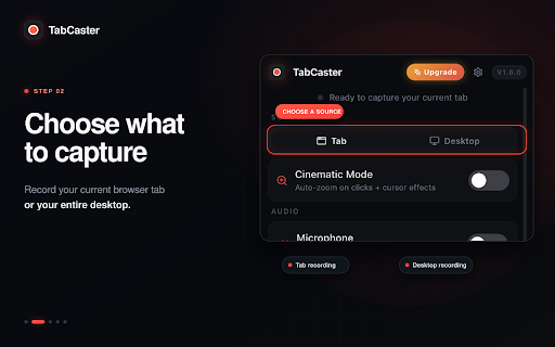 TabCaster: Screen Recorder with Privacy :: Record your tab or screen with audio, cinematic auto-zoom, and privacy blur. MP4, WebM & GIF — no cloud, everything stays local.