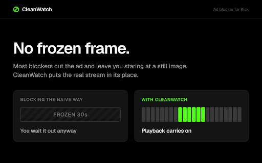CleanWatch: Ad Blocker for Kick :: Skip the video ads on Kick. No black screen and no freezing, the stream just keeps playing.