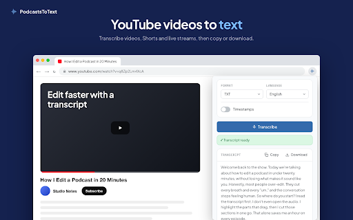 PodcastsToText :: Transcribe Spotify, Apple Podcasts, YouTube and TikTok to text with one click