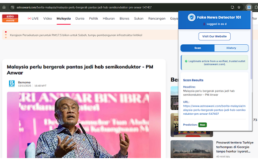 Fake News Detector 101 :: AI-powered browser extension that detects misleading or false news on any webpage in real time.