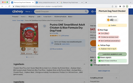 Plentum Dog Food Checker :: Paste any dog food ingredient list and instantly see red flags, fillers, and quality score. Built by Plentum, made for dog parents.