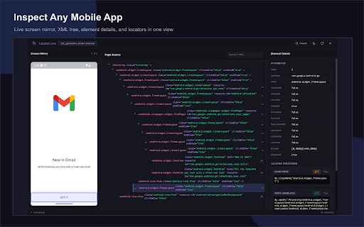 LocatorLens :: Real-time Element Inspector & Locator Generator for Appium (Android & iOS). See app structure, build locators instantly.