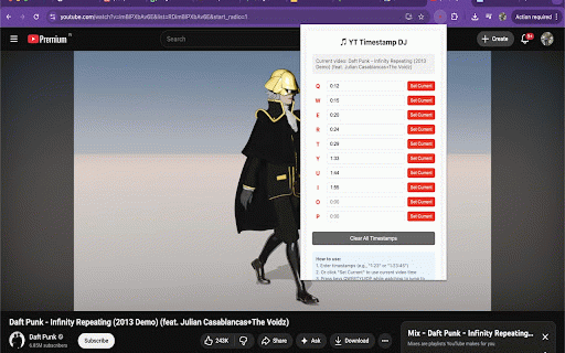 YouTube Timestamp DJ :: Assign timestamps to keyboard keys QWERTYUIOP and jump to them while watching YouTube videos
